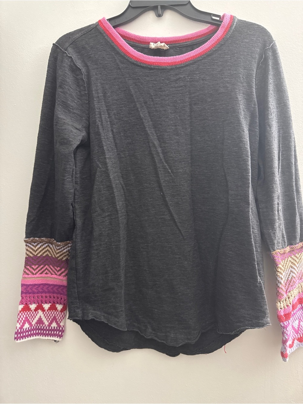 BiBi Charcoal Long-Sleeve Tee with Pink Trim and Multicolor Patterned Cuffs